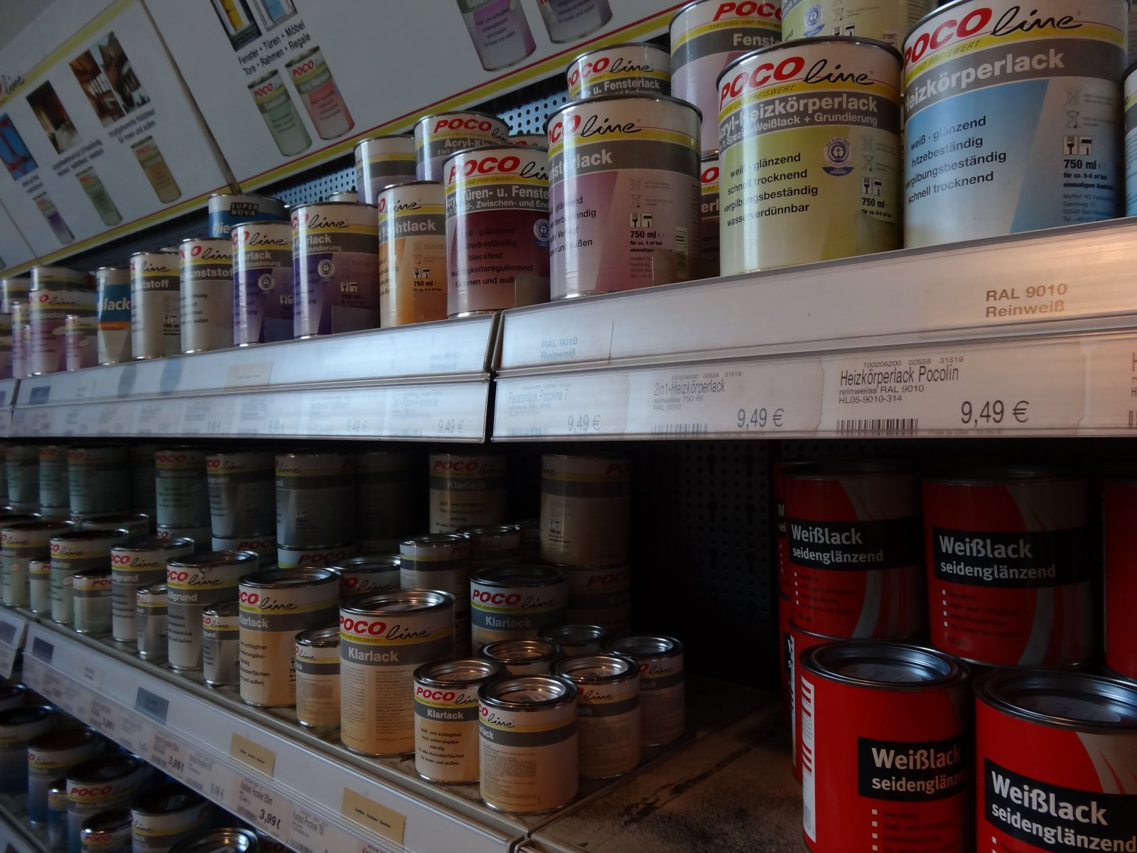 Shelves of paint products in Dresden, Germany, photographed in 2013.